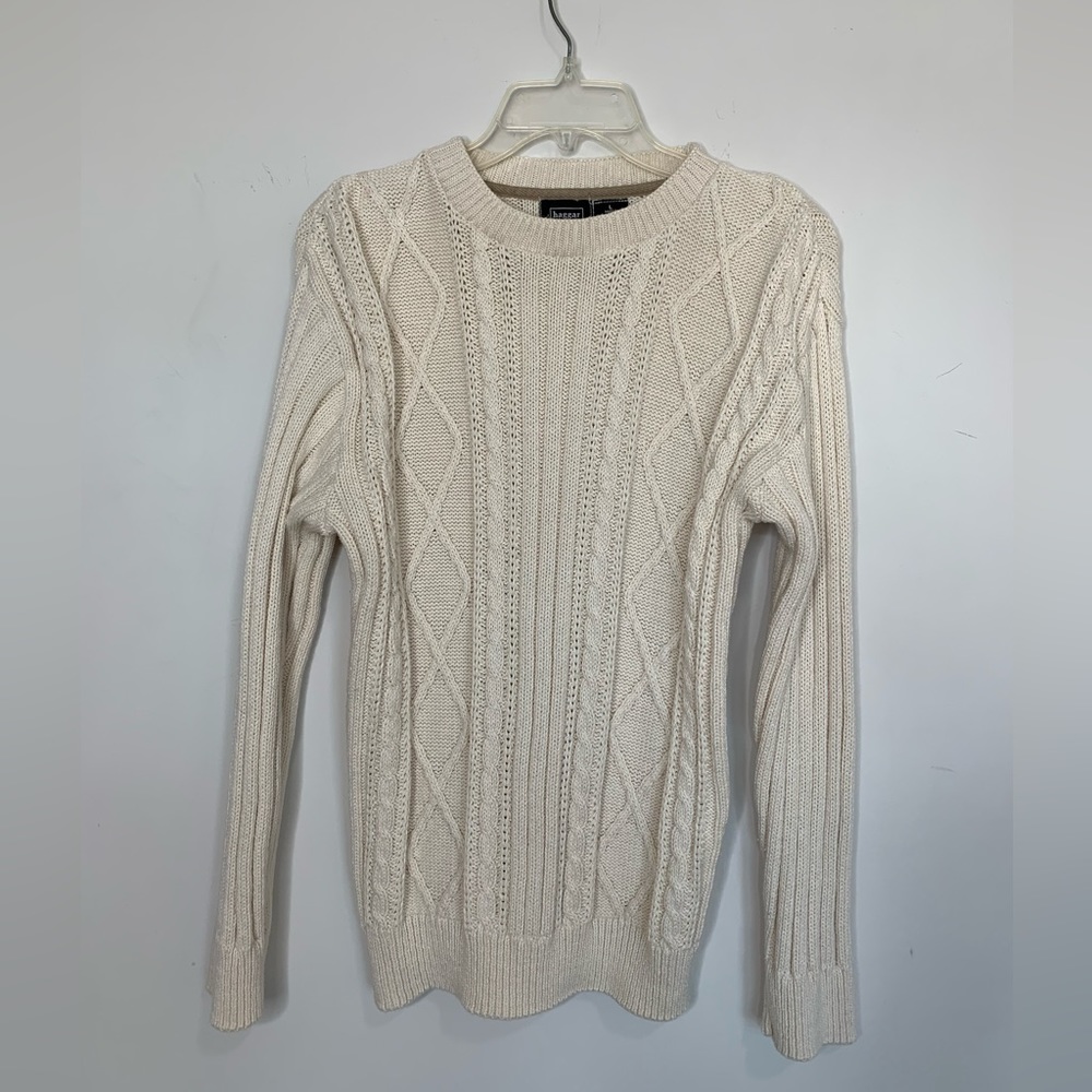 BN2 Haggar 100% Cotton Sweater Fisherman Cable Soft Knit Pullover Neutral Large‎